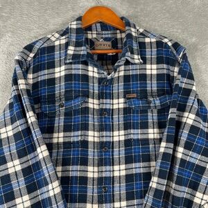 Orvis Flannel Shirt Shacket Mens 2XL Long Sleeve Blue White Plaid Button Up